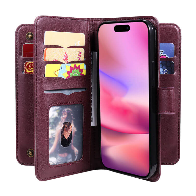 For iPhone 16 Wallet 10 Card Slots Leather Case