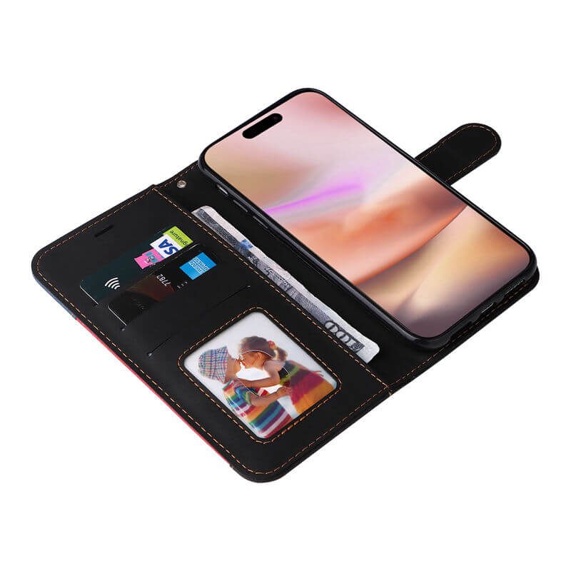 For iPhone 16 Plus Three-Color Splicing Wallet Kickstand Case