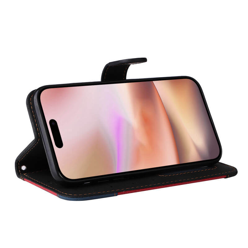 For iPhone 16 Plus Three-Color Splicing Wallet Kickstand Case