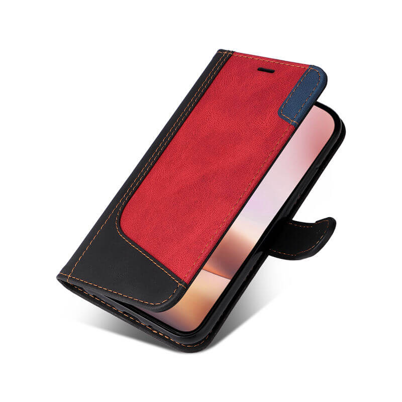 For iPhone 16 Plus Three-Color Splicing Wallet Kickstand Case