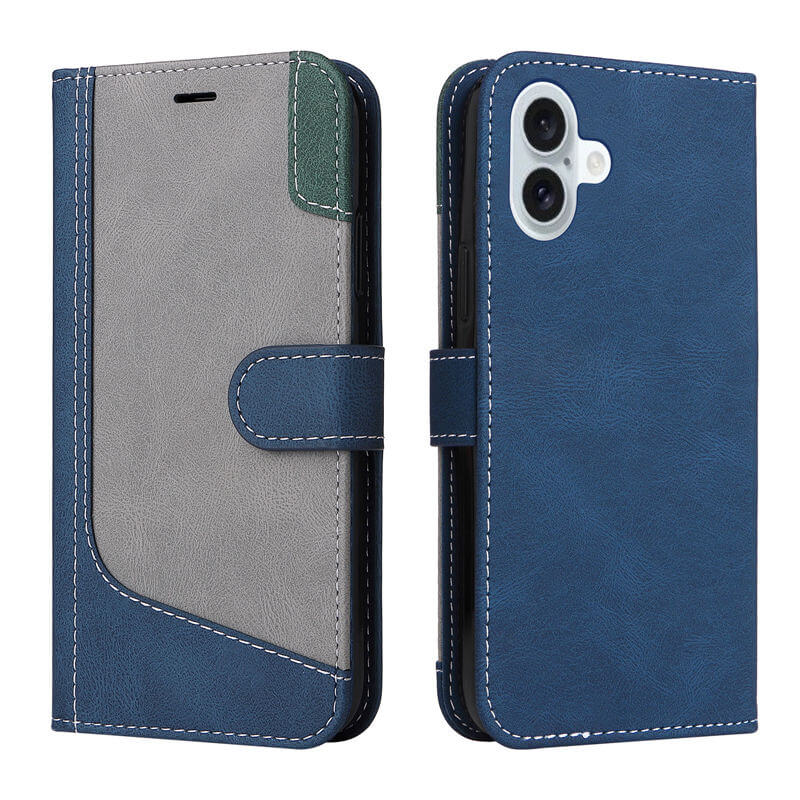 For iPhone 16 Plus Three-Color Splicing Wallet Kickstand Case