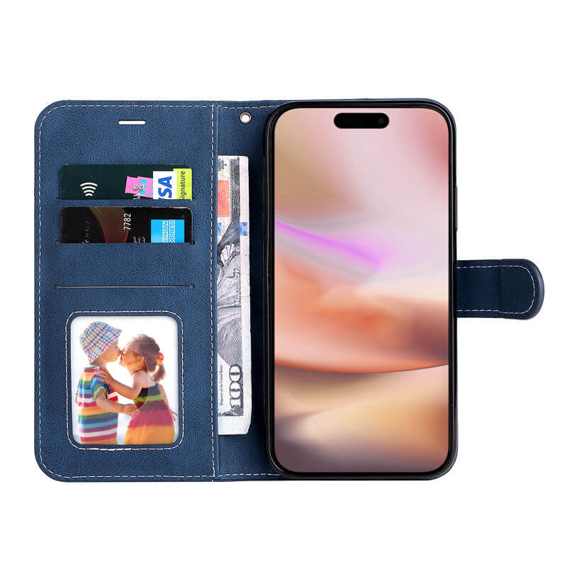 For iPhone 16 Plus Three-Color Splicing Wallet Kickstand Case