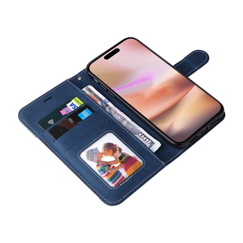 For iPhone 16 Plus Three-Color Splicing Wallet Kickstand Case