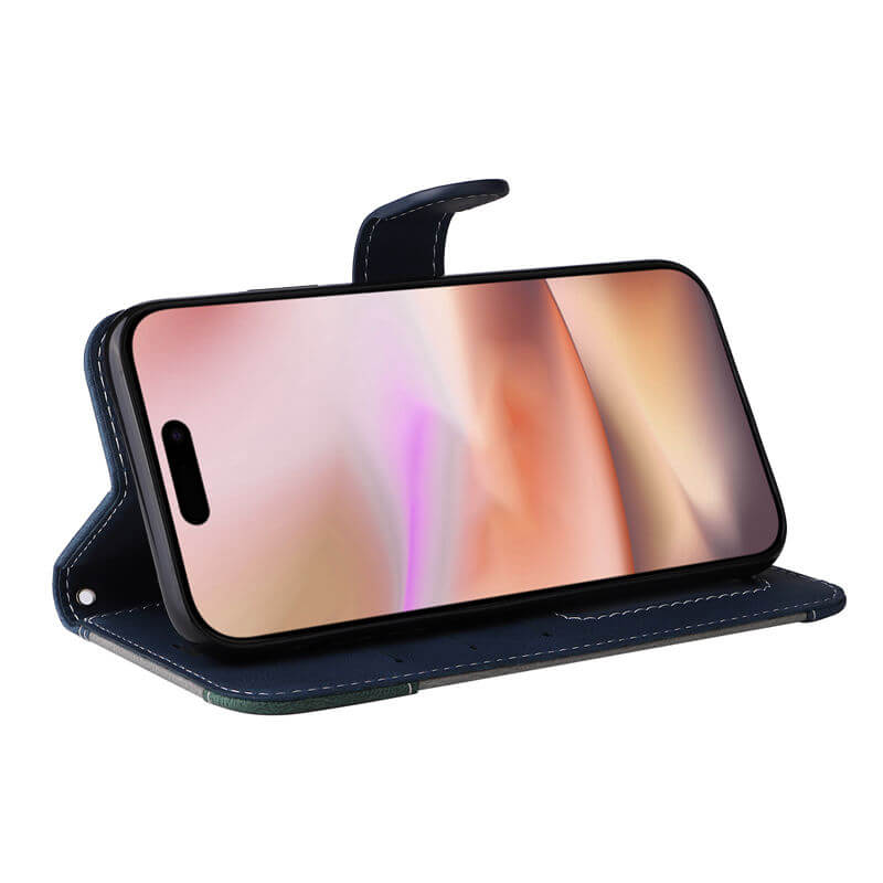 For iPhone 16 Plus Three-Color Splicing Wallet Kickstand Case