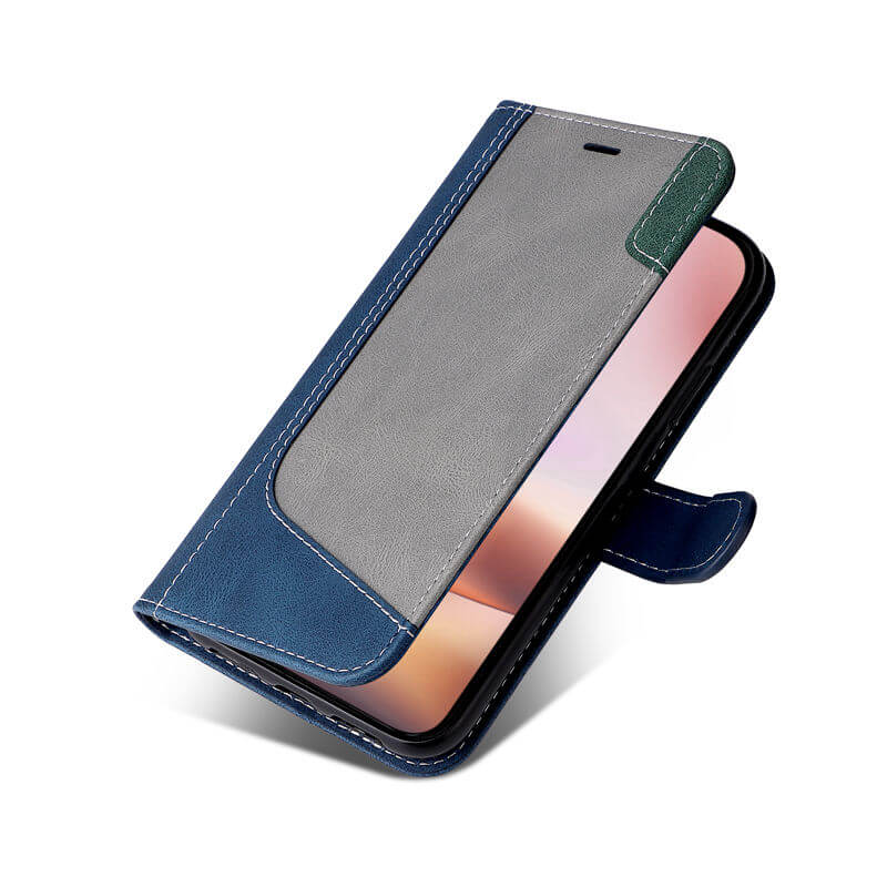 For iPhone 16 Plus Three-Color Splicing Wallet Kickstand Case