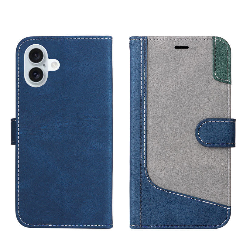 For iPhone 16 Plus Three-Color Splicing Wallet Kickstand Case