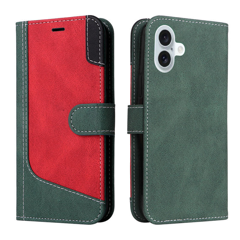 For iPhone 16 Plus Three-Color Splicing Wallet Kickstand Case