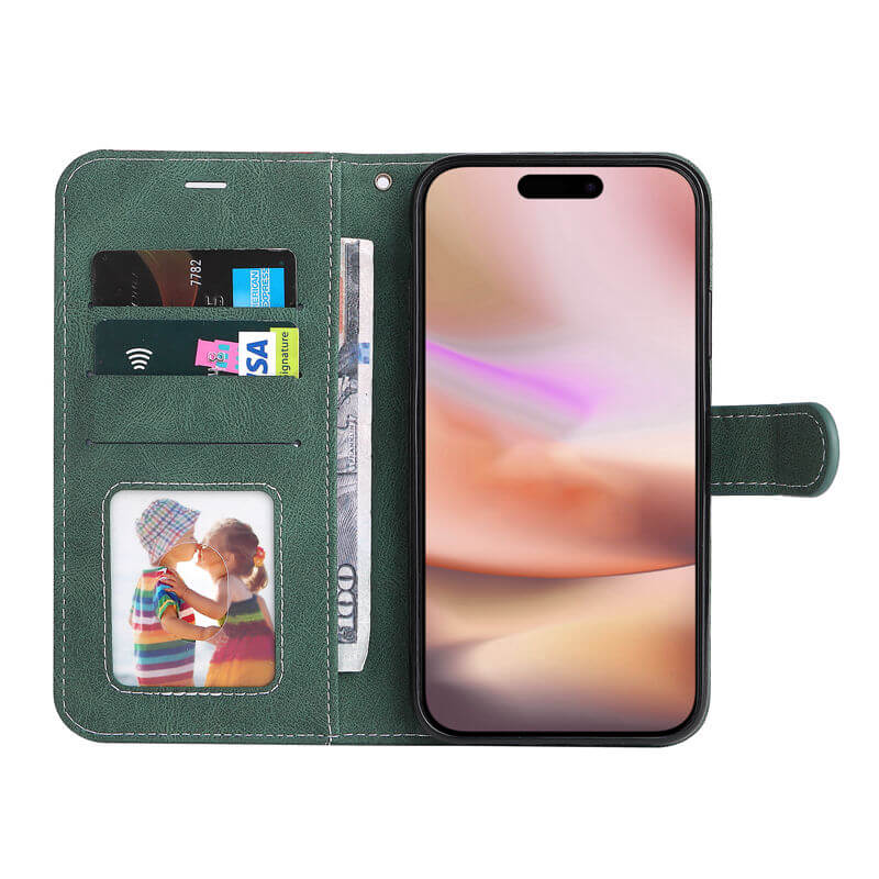 For iPhone 16 Plus Three-Color Splicing Wallet Kickstand Case