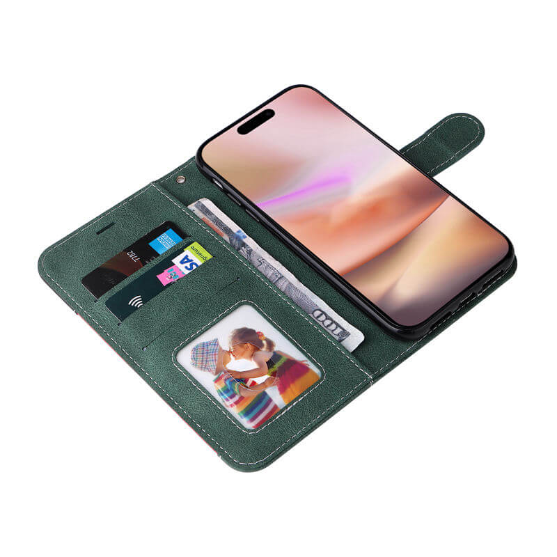 For iPhone 16 Plus Three-Color Splicing Wallet Kickstand Case