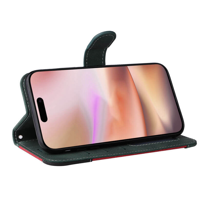 For iPhone 16 Plus Three-Color Splicing Wallet Kickstand Case