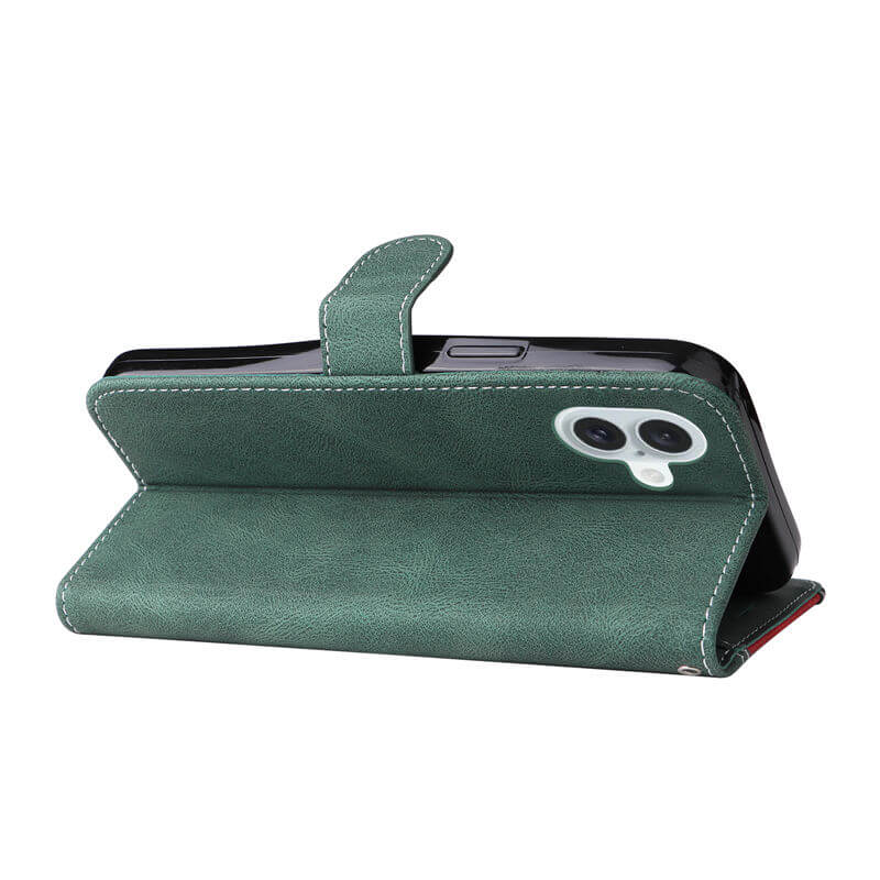 For iPhone 16 Plus Three-Color Splicing Wallet Kickstand Case