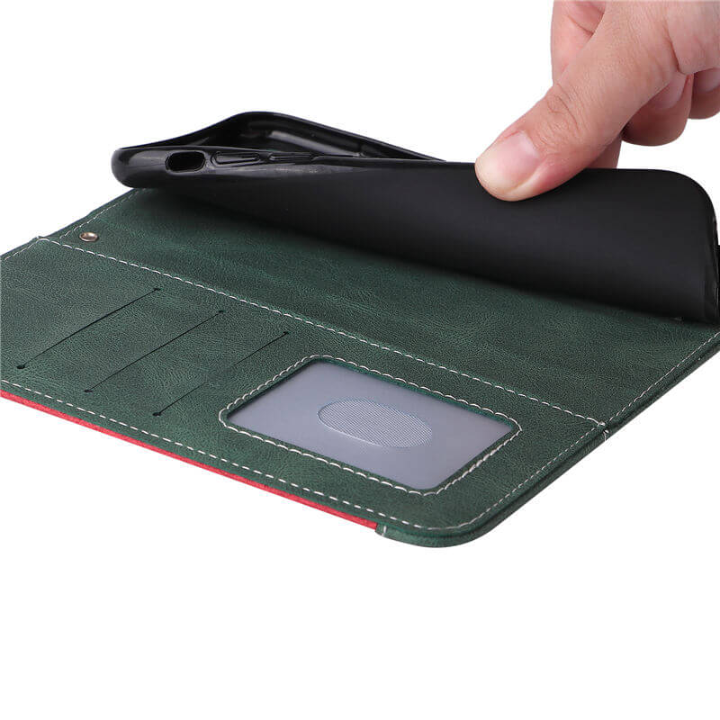 For iPhone 16 Plus Three-Color Splicing Wallet Kickstand Case