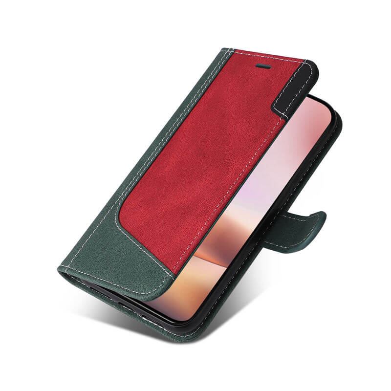 For iPhone 16 Plus Three-Color Splicing Wallet Kickstand Case