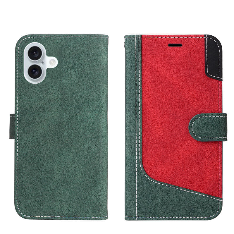 For iPhone 16 Plus Three-Color Splicing Wallet Kickstand Case