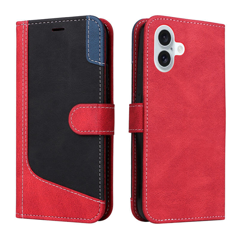 For iPhone 16 Plus Three-Color Splicing Wallet Kickstand Case