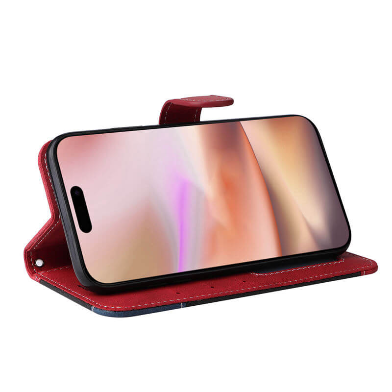 For iPhone 16 Plus Three-Color Splicing Wallet Kickstand Case