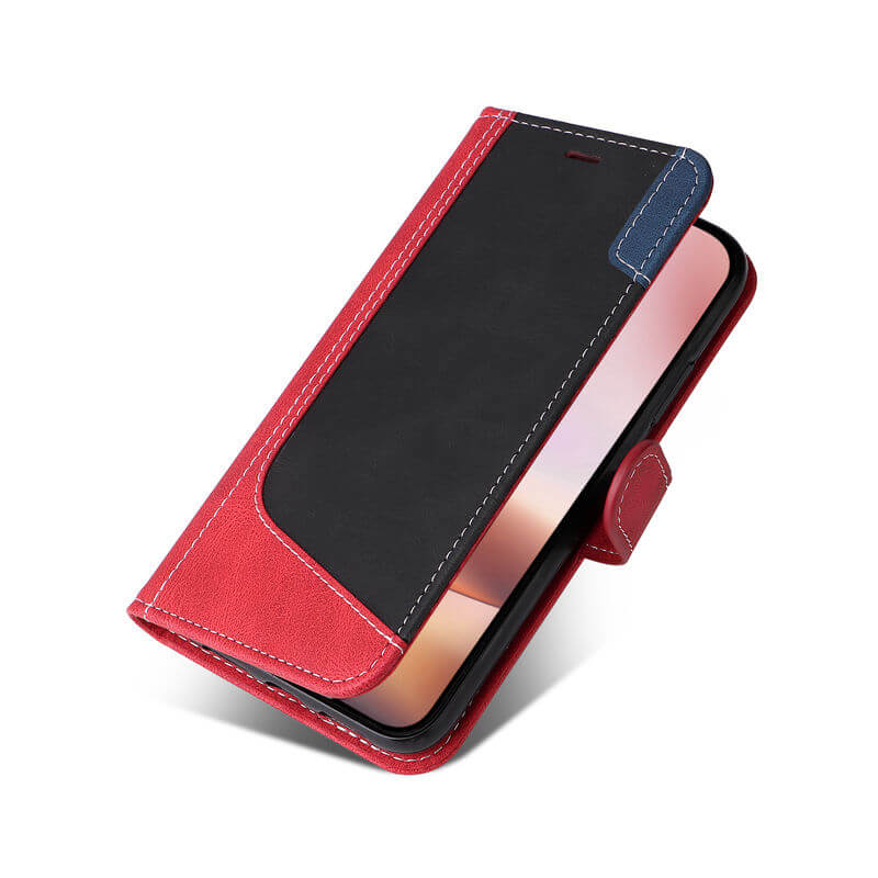 For iPhone 16 Plus Three-Color Splicing Wallet Kickstand Case