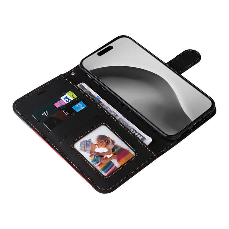 For iPhone 16 Pro Max Three-Color Splicing Wallet Kickstand Case