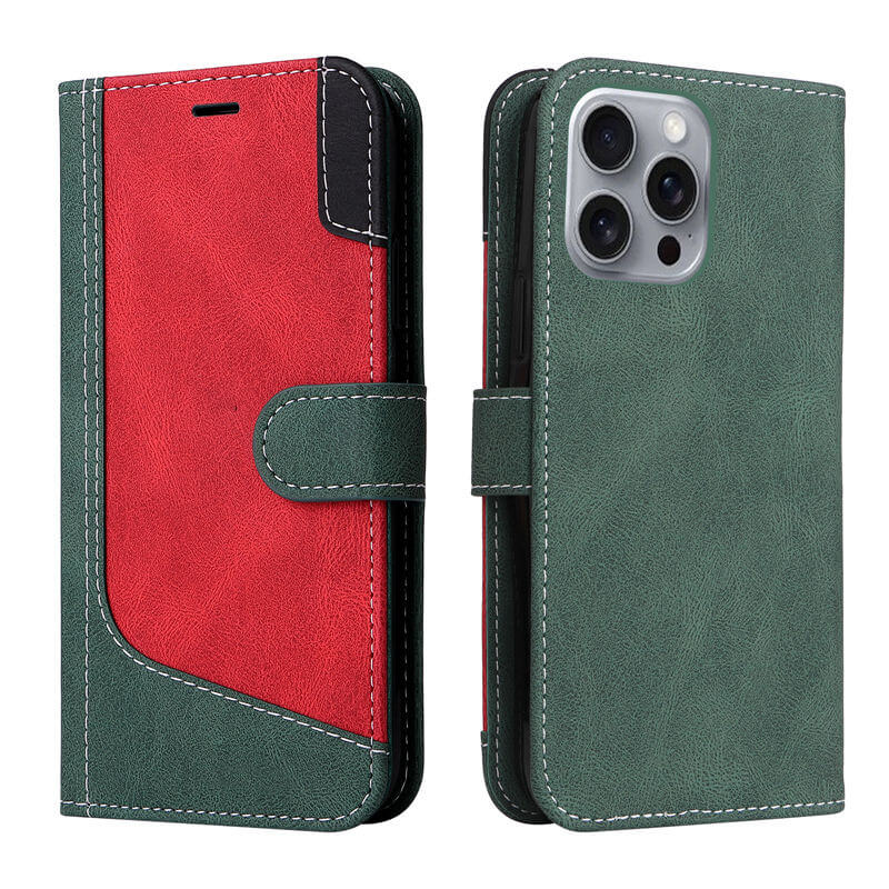 For iPhone 16 Pro Max Three-Color Splicing Wallet Kickstand Case