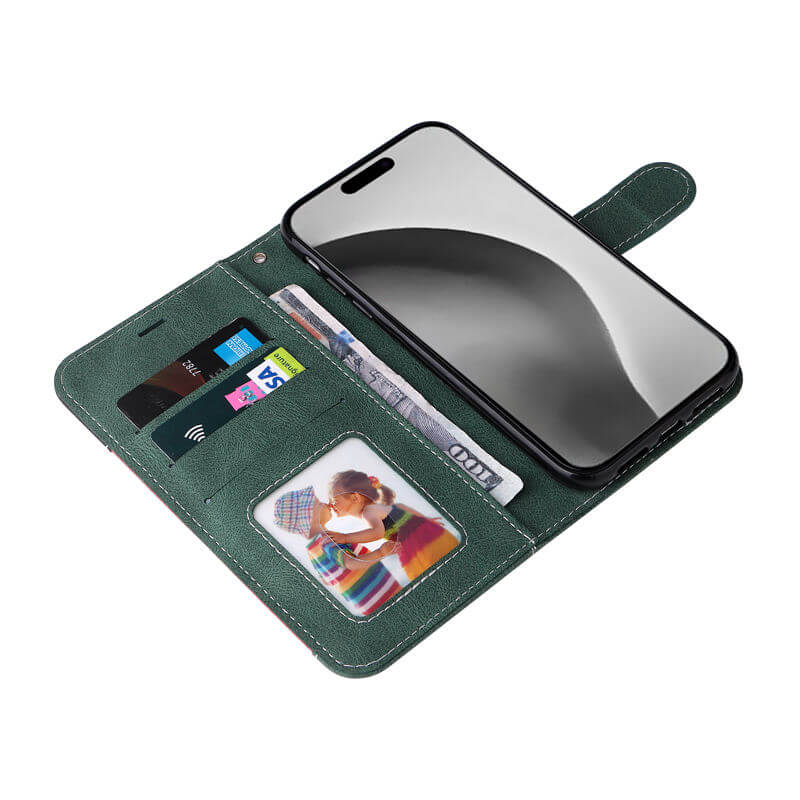 For iPhone 16 Pro Max Three-Color Splicing Wallet Kickstand Case