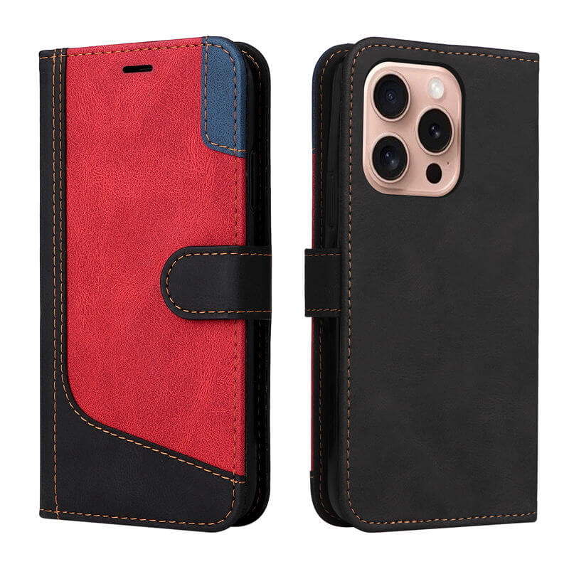 For iPhone 16 Pro Three-Color Splicing Wallet Kickstand Case