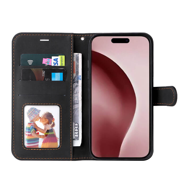 For iPhone 16 Pro Three-Color Splicing Wallet Kickstand Case