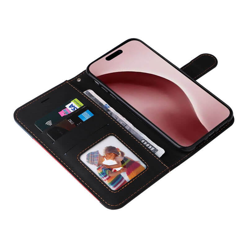 For iPhone 16 Pro Three-Color Splicing Wallet Kickstand Case