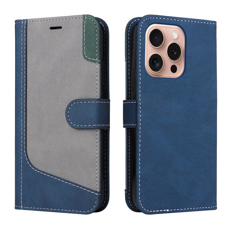 For iPhone 16 Pro Three-Color Splicing Wallet Kickstand Case