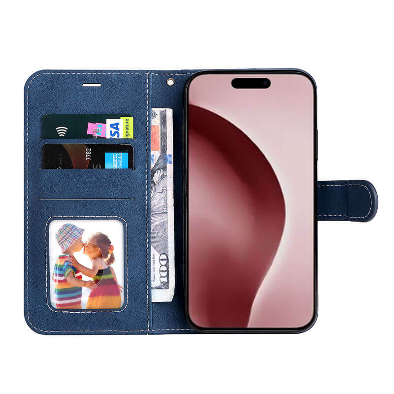 For iPhone 16 Pro Three-Color Splicing Wallet Kickstand Case