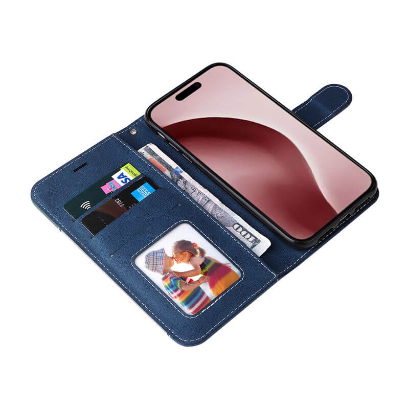 For iPhone 16 Pro Three-Color Splicing Wallet Kickstand Case