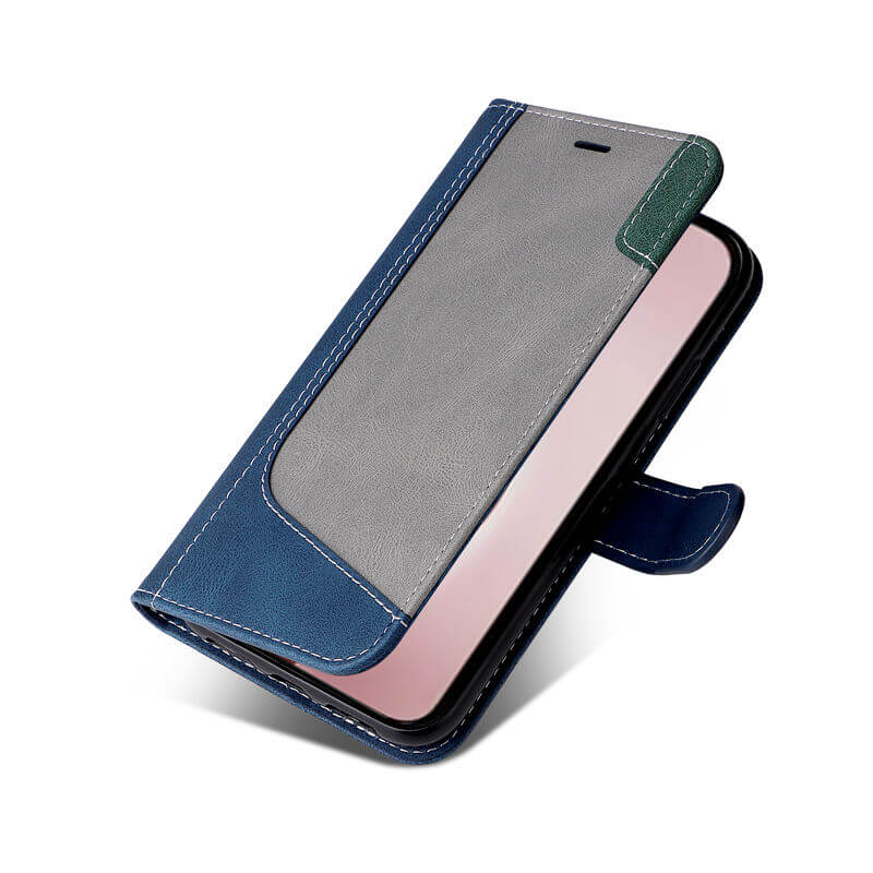 For iPhone 16 Pro Three-Color Splicing Wallet Kickstand Case