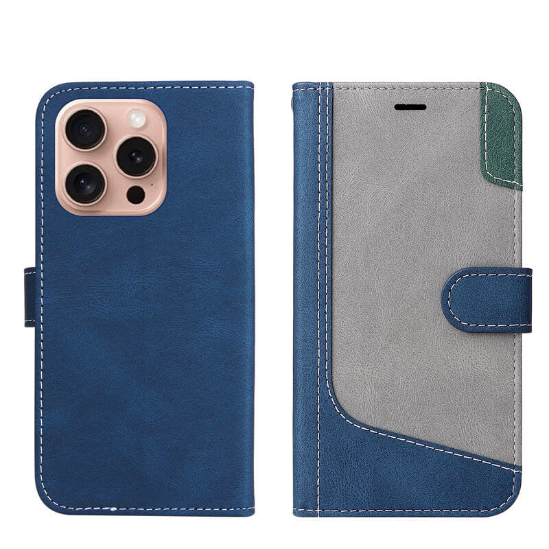 For iPhone 16 Pro Three-Color Splicing Wallet Kickstand Case