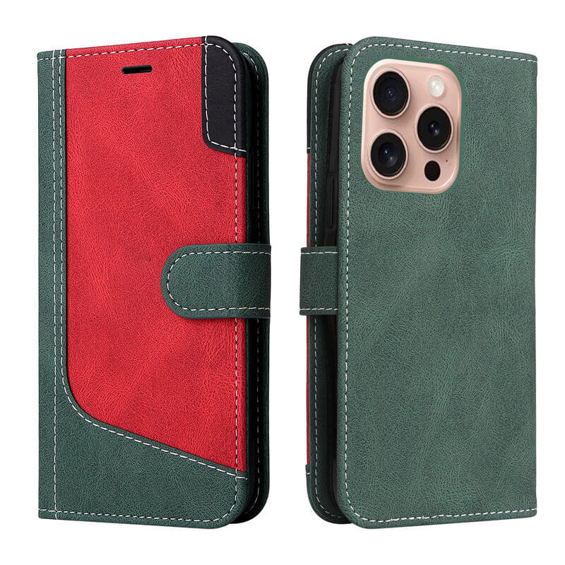 For iPhone 16 Pro Three-Color Splicing Wallet Kickstand Case