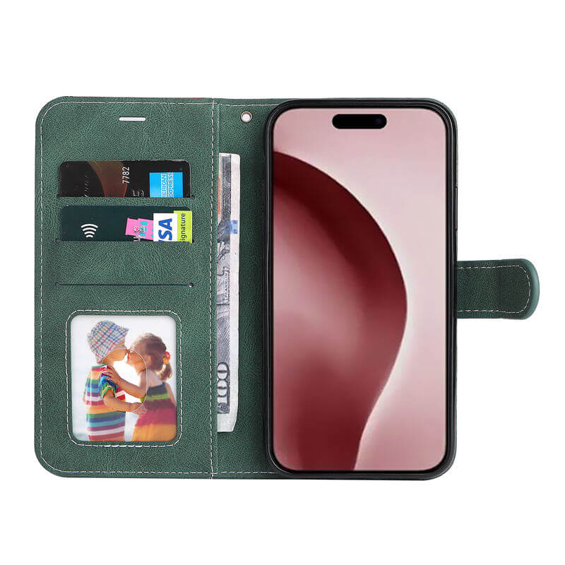 For iPhone 16 Pro Three-Color Splicing Wallet Kickstand Case