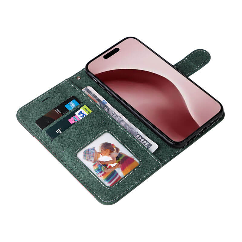 For iPhone 16 Pro Three-Color Splicing Wallet Kickstand Case