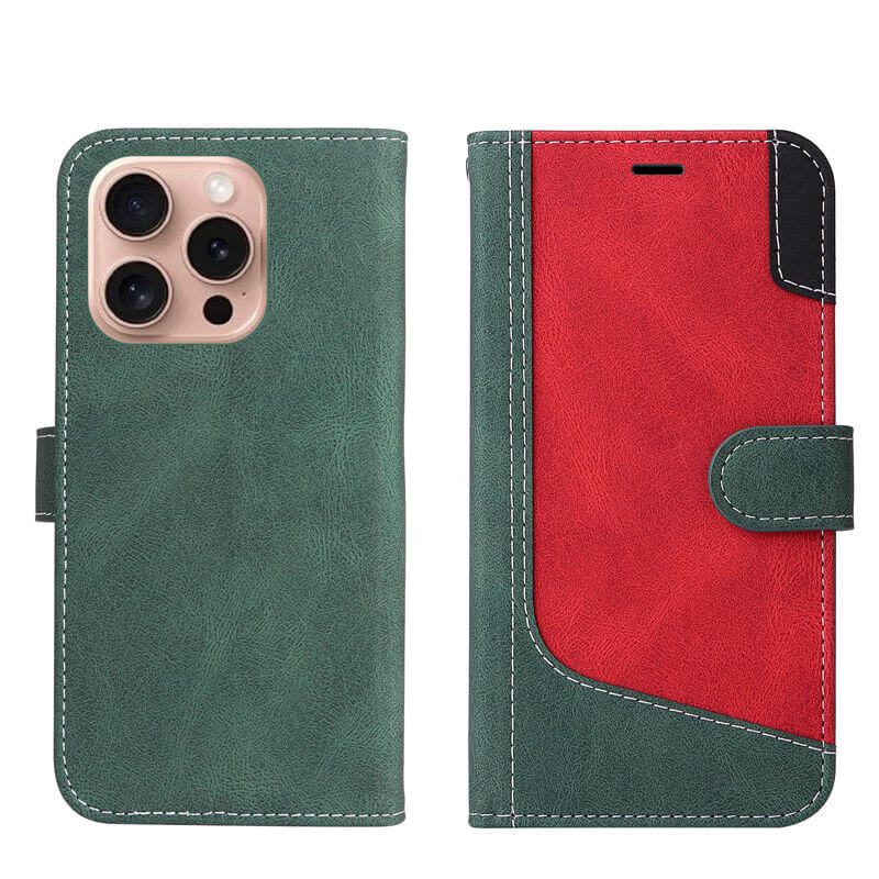 For iPhone 16 Pro Three-Color Splicing Wallet Kickstand Case