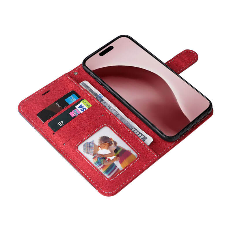 For iPhone 16 Pro Three-Color Splicing Wallet Kickstand Case