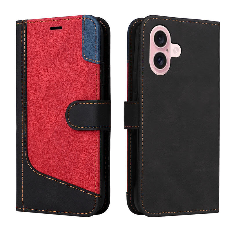 For iPhone 16 Three-Color Splicing Wallet Kickstand Case