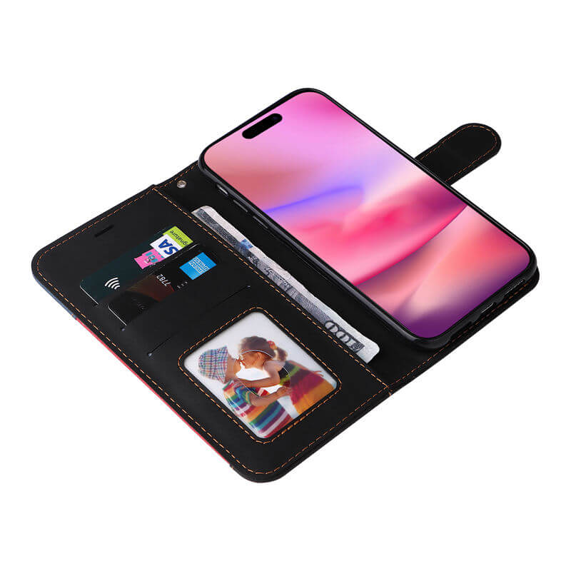 For iPhone 16 Three-Color Splicing Wallet Kickstand Case