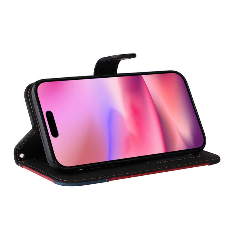 For iPhone 16 Three-Color Splicing Wallet Kickstand Case