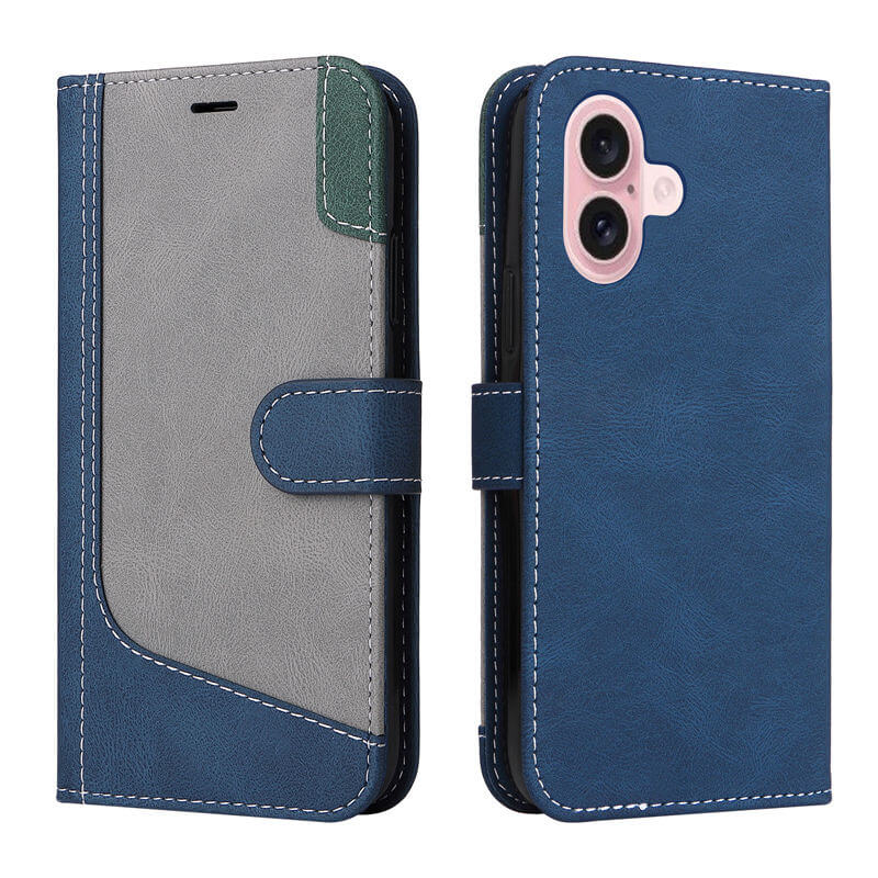 For iPhone 16 Three-Color Splicing Wallet Kickstand Case