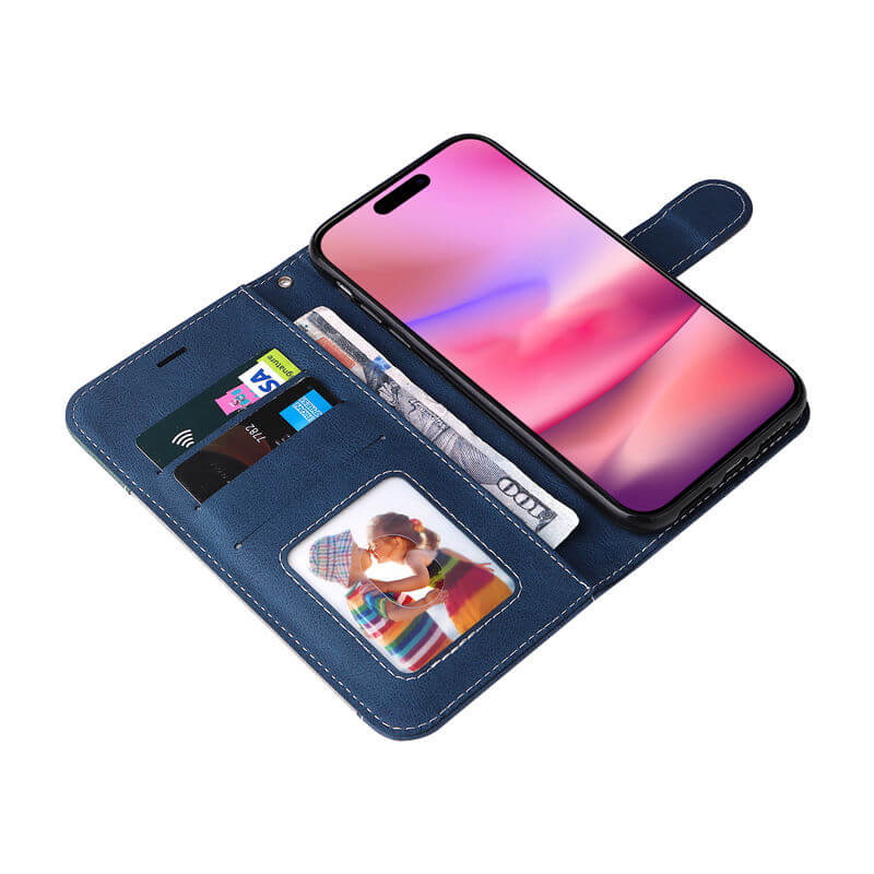 For iPhone 16 Three-Color Splicing Wallet Kickstand Case