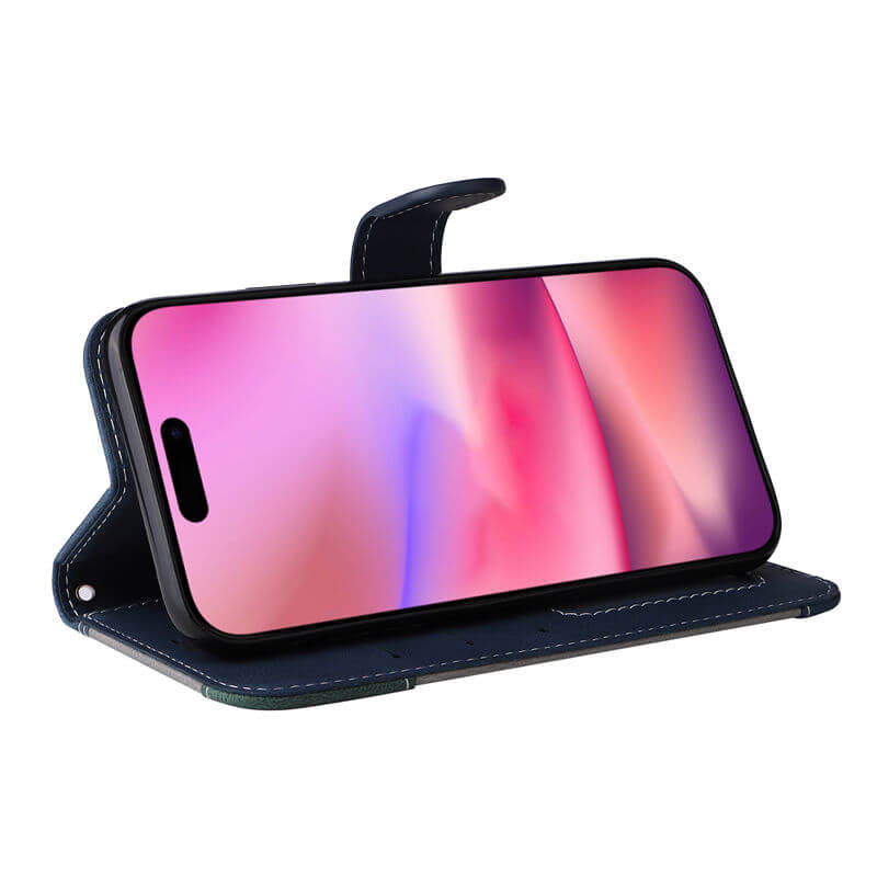 For iPhone 16 Three-Color Splicing Wallet Kickstand Case