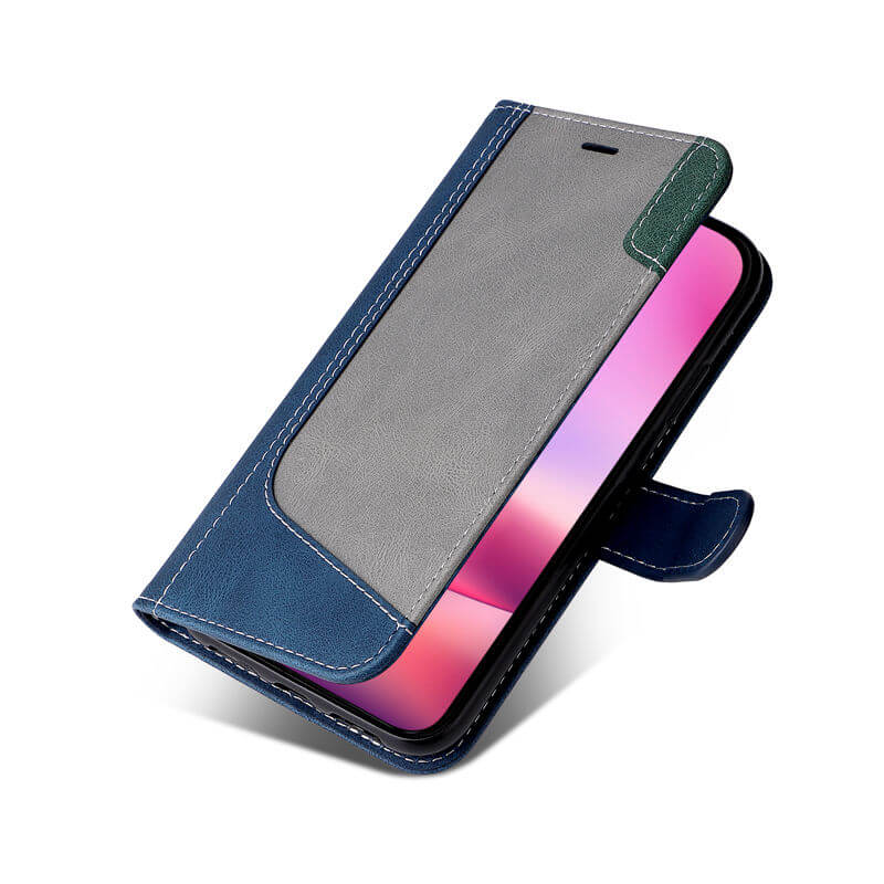 For iPhone 16 Three-Color Splicing Wallet Kickstand Case