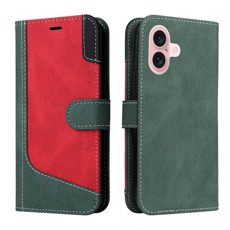 For iPhone 16 Three-Color Splicing Wallet Kickstand Case