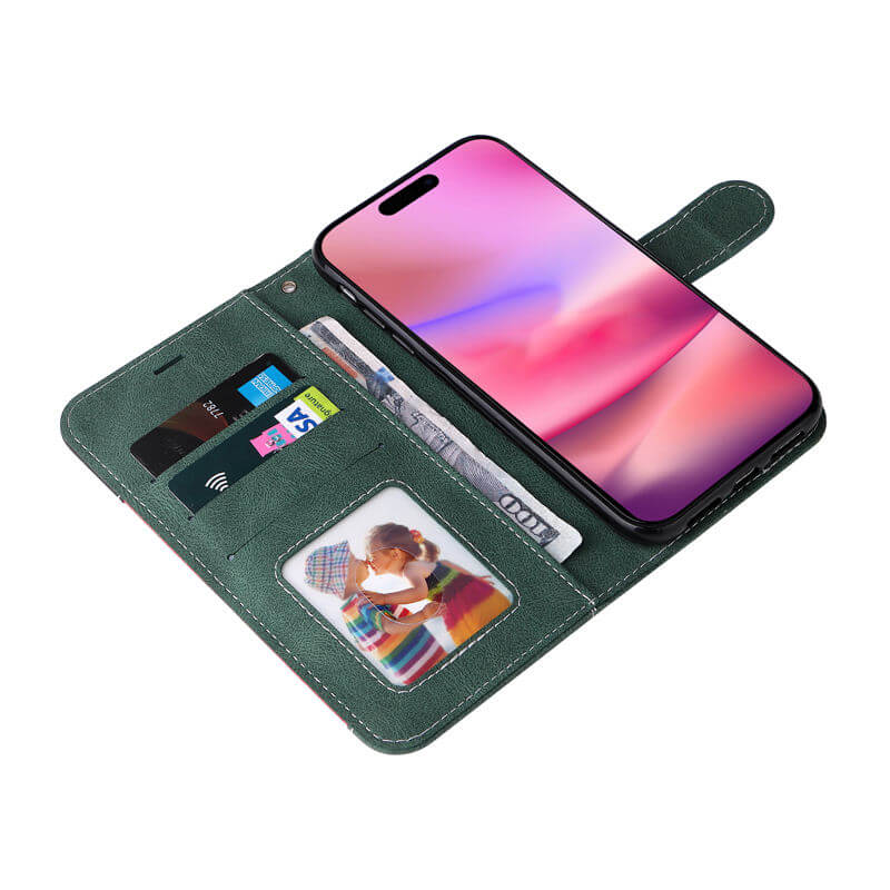 For iPhone 16 Three-Color Splicing Wallet Kickstand Case