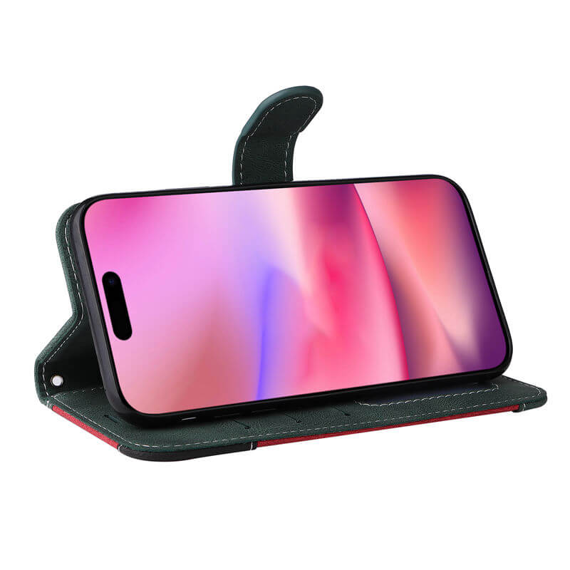 For iPhone 16 Three-Color Splicing Wallet Kickstand Case