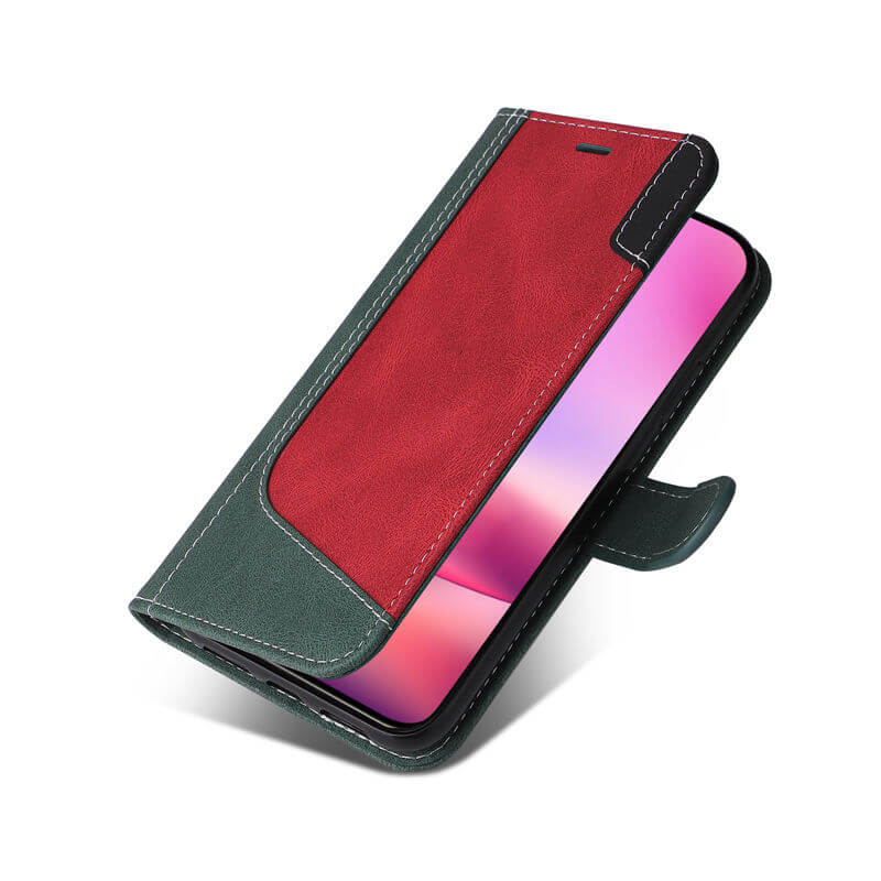 For iPhone 16 Three-Color Splicing Wallet Kickstand Case