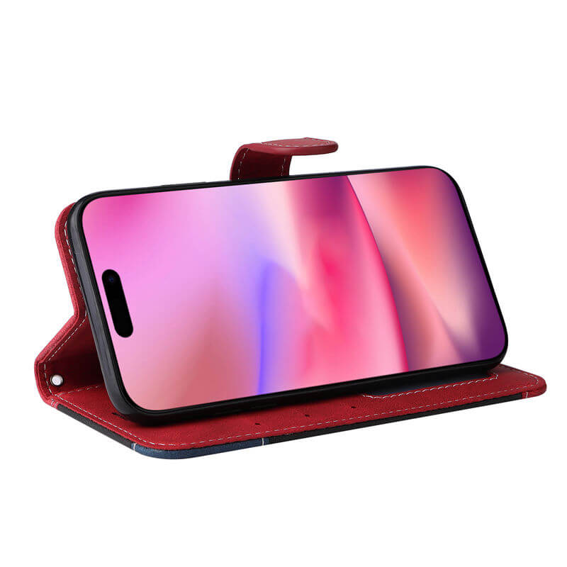 For iPhone 16 Three-Color Splicing Wallet Kickstand Case