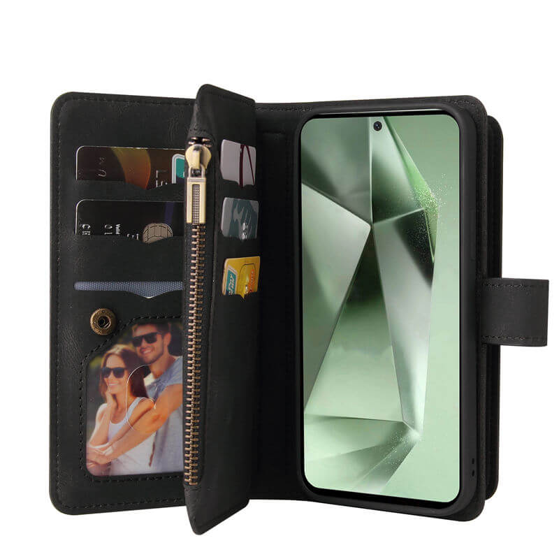 For Samsung Galaxy S24 FE Wallet 15 Card Slots Leather Case with Wrist Strap